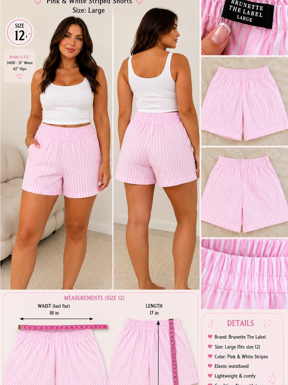 Brunette The Label Pink & White Striped Shorts SZ L
